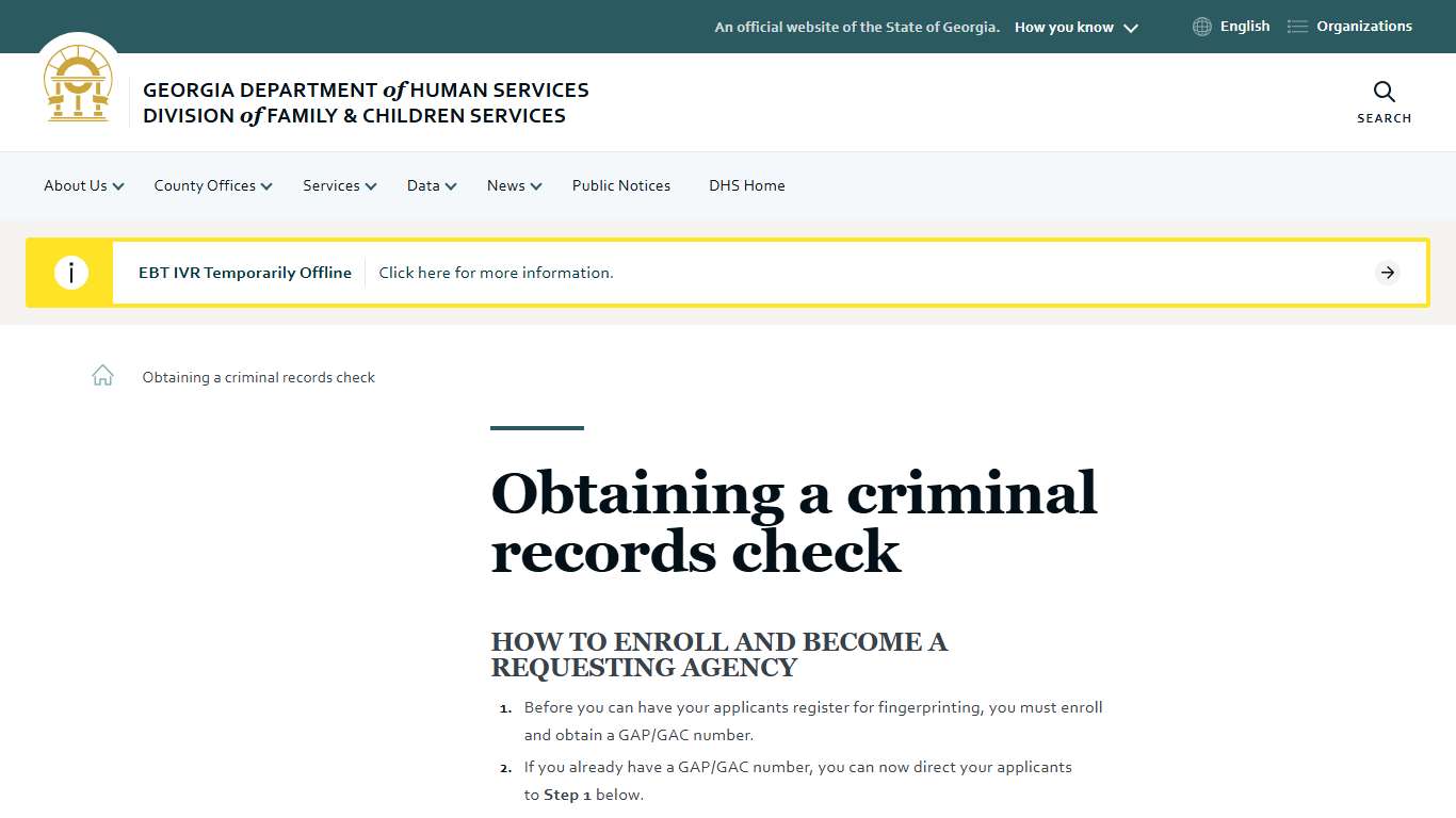 Obtaining a criminal records check | Georgia Department of Human Services Division of Family & Children Services